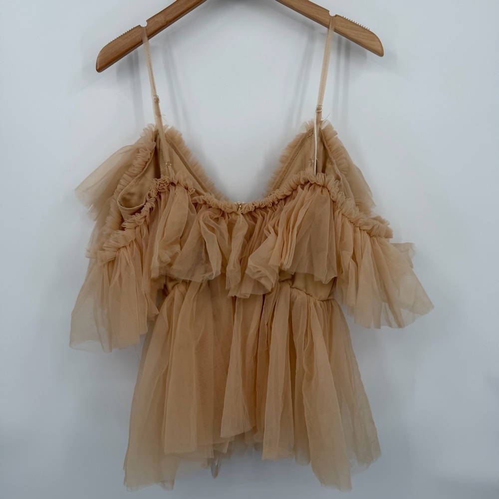 NWT Elegant Boho Ruffle Nude Mesh Corset Lace Up Top - Picture 3 of 8